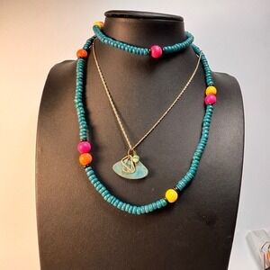 Vintage Beaded Necklace Set Teal Gold Boho Statement Geometric Pendant Jewelry